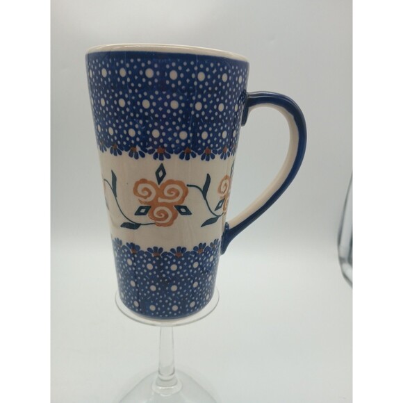 Boleslawiec Polish Pottery Tall Mug Yellow Flower Pattern - 14 oz To Rim - Picture 1 of 7